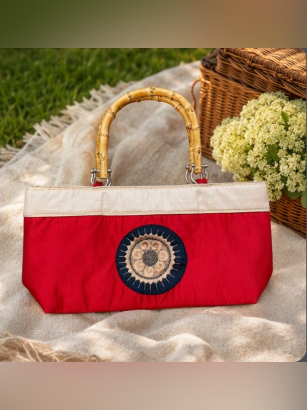 🌹 Fibonacci Sun Embroidery Red & Gold Satin Handbag with Bamboo Handles 🌹 NWT